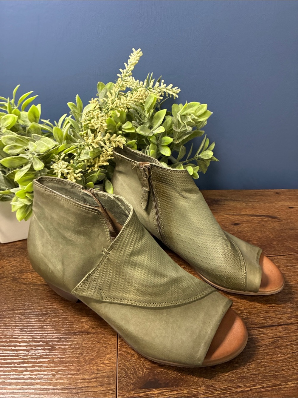 Miz Mooz Olive Green Peep-Toe Ankle Boots